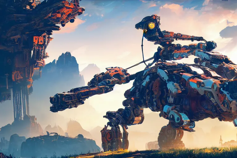 Image similar to scrapper machine mecanical creature robot of horizon forbidden west horizon zero dawn radiating a glowing aura global illumination ray tracing hdr fanart arstation by ian pesty and alena aenami artworks in 4 k