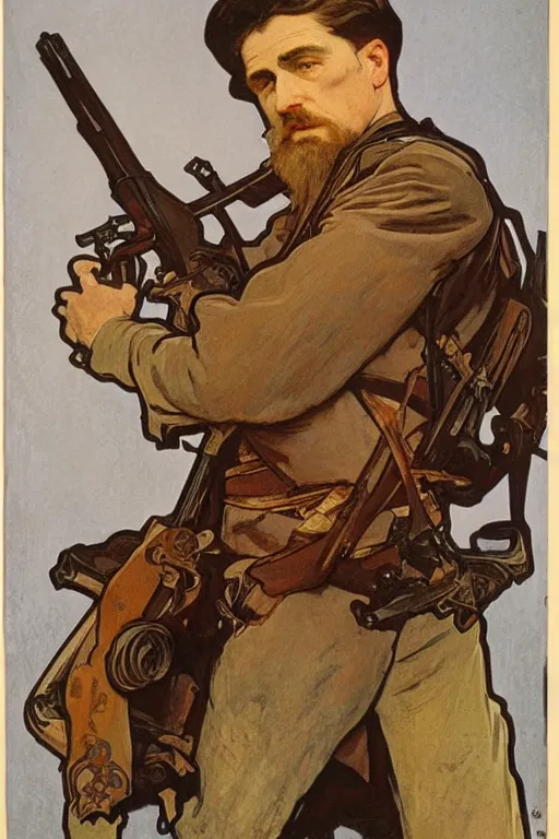 Image similar to portrait of John Brown holding a rifle, lithograph by Alphonse Mucha