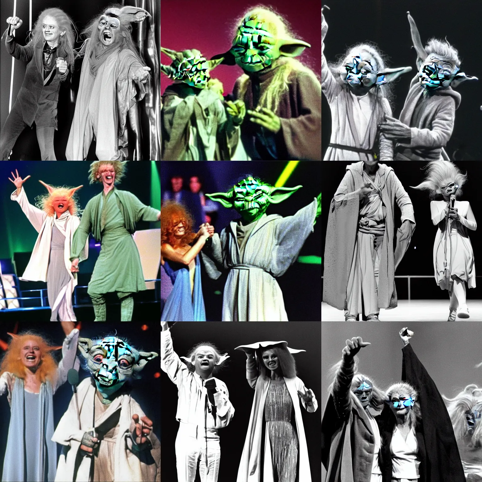 Prompt: photo of yoda and yaddle winning the eurovision song contest and celebrating on stage in the 80s