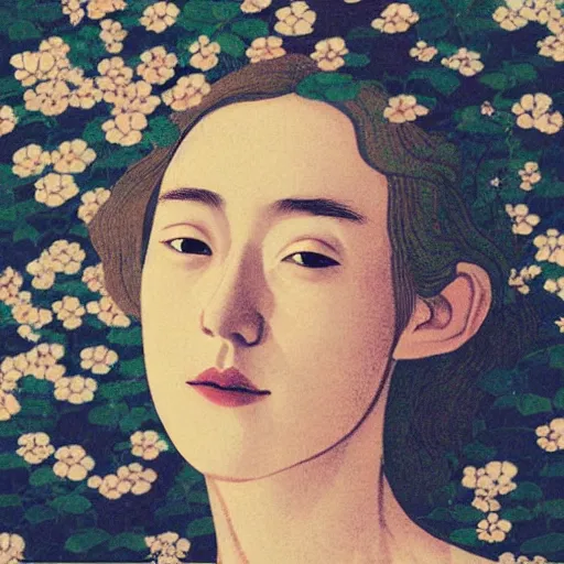 Image similar to “ saoirse ronan portrait by ikenaga yasunari and ayana otake and ko rakusui, 6 0 s poster, drawing, realistic, sharp focus, japanese, dreamy, nostalgia, faded, golden hues, floral clothes ”