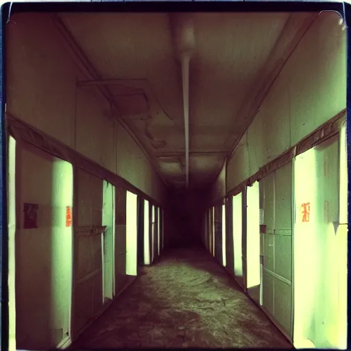 Image similar to inside a hallway made of empty medical tents, eerie, surreal, creepy, old polaroid, expired film,