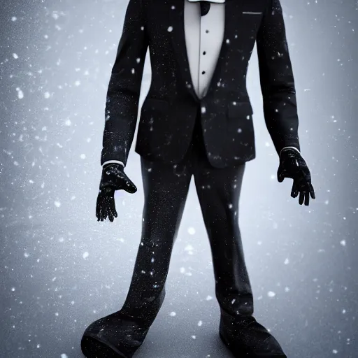 Image similar to a highly detailed humanoid snowman in business black suit with black eyes and mouth, no nose, hyperrealism, professional, octane render, full length, digital art