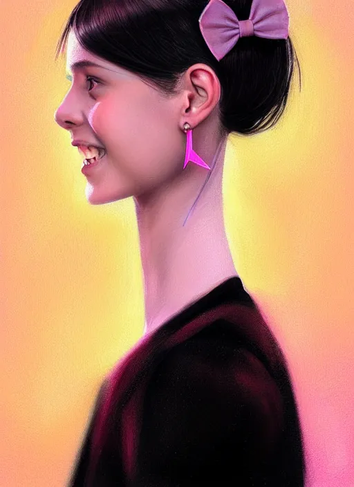 Image similar to portrait of teenage girl, realistic, black hair, bangs, half updo hairstyle, pointy nose, skinny, smile, ugly, defined jawline, big chin, pink hair bow, earrings, intricate, elegant, glowing lights, highly detailed, digital painting, artstation, sharp focus, illustration, art by wlop, mars ravelo and greg rutkowski