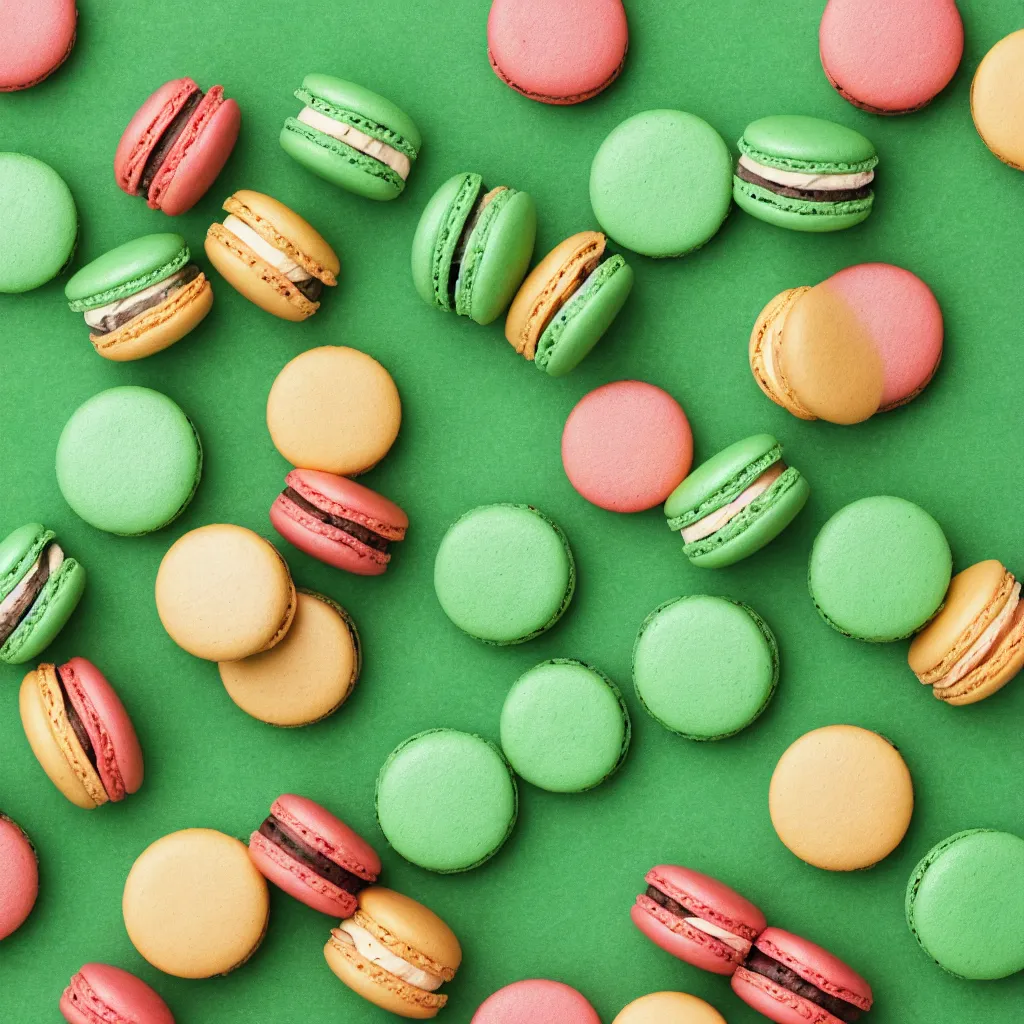 Image similar to top-down view of macarons on top of a green surface, 8k, high detail, photorealistic, proper shading