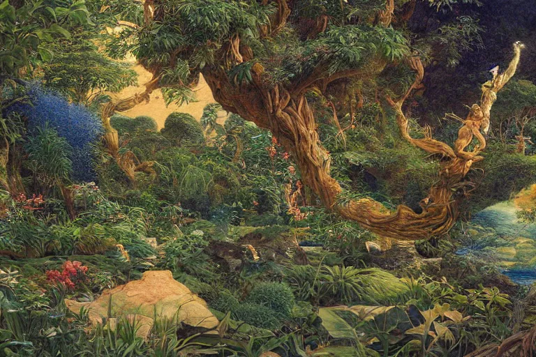 Image similar to hyperdetailed painting of the garden of eden, epic, rendered in octane, painted by alan lee, moebius, giovanni ghisolfi and jan baptist