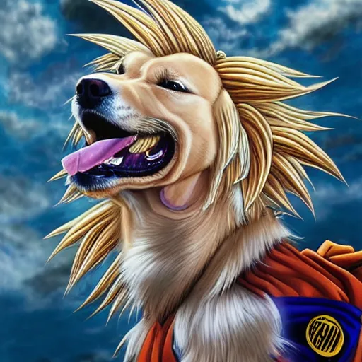 Image similar to ultra realistic portrait painting of a golden retriever as super saiyan goku, art by akira toriyama, 4 k, dragon ball artstyle, cel shaded, highly detailed, epic lighting