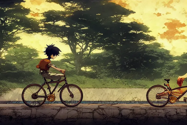Prompt: a boy riding his bike beside a river, high intricate details, rule of thirds, golden ratio, cinematic light, anime style, graphic novel by fiona staples and dustin nguyen, by beaststars and orange, peter elson, alan bean, studio ghibli, makoto shinkai