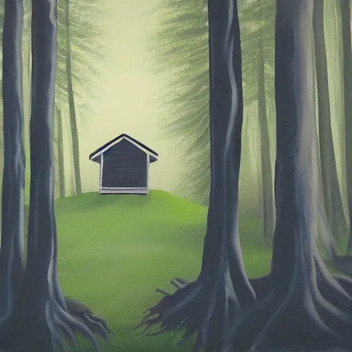 Image similar to a painting of a Eerie cabin in the middle of the woods in the style of minimalism