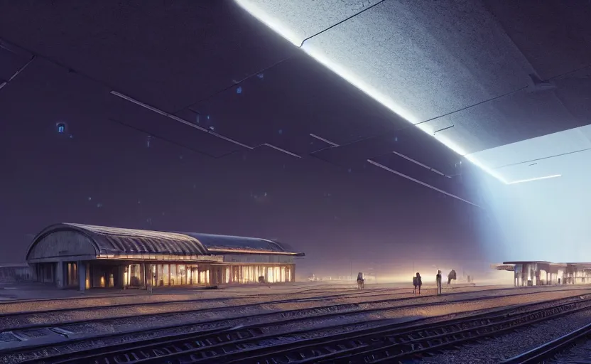 Image similar to exterior shot of utopian train station on the edge of the space with cinematic lighting by peter zumthor and renzo piano, darek zabrocki and greg ruthkowski, simon stalenhag, cinematic, holy place, paradise, scifi, futurism, atmospheric, concept art, artstation, trending on artstation