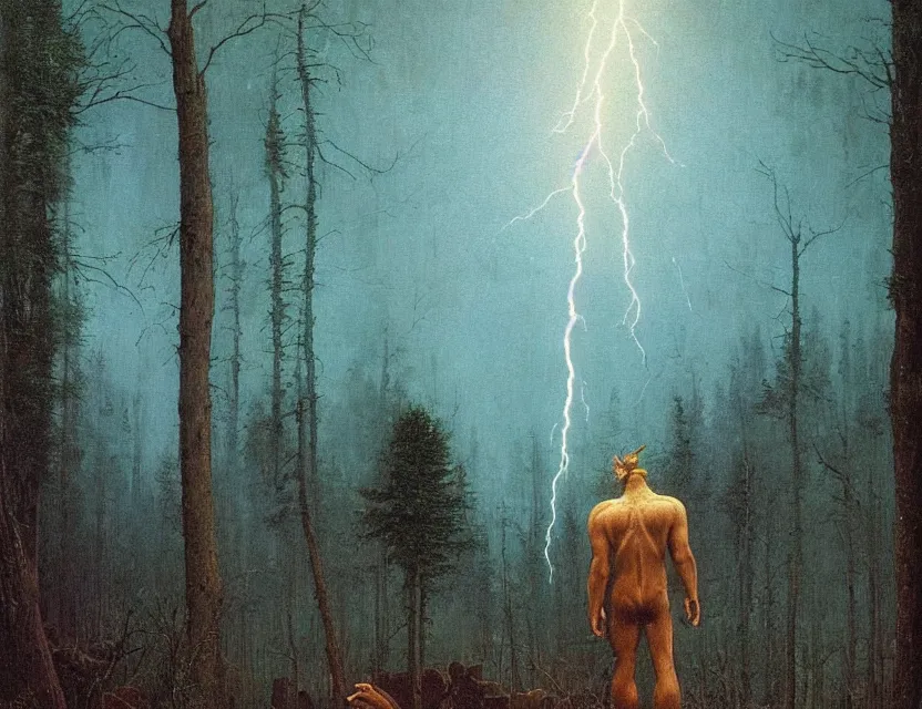 Prompt: a detailed portrait painting of a lone sasquatch with thick brown body fur. Head and chest only. Movie scene, cinematic sci-fi scene. accurate anatomy. portrait symmetrical and science fiction theme with lightning, aurora lighting. trees. Futurism by beksinski carl spitzweg moebius and tuomas korpi. intricate artwork by caravaggio. Oil painting. Trending on artstation. 8k