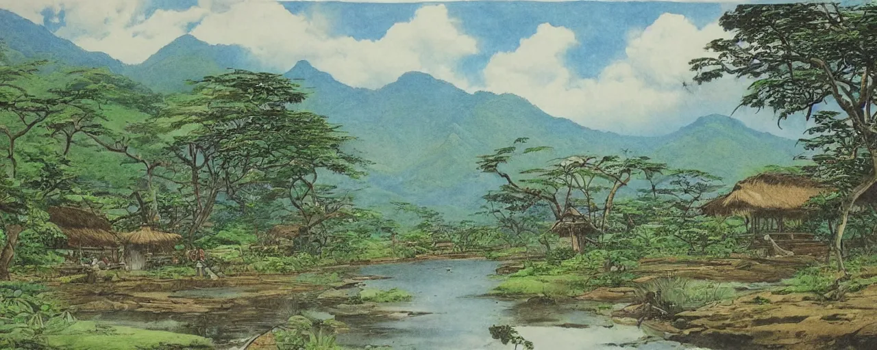 Image similar to a 2D drawing of a beautiful Philippine Rural Town landscape, majestic and exotic, by hiroshi yoshida