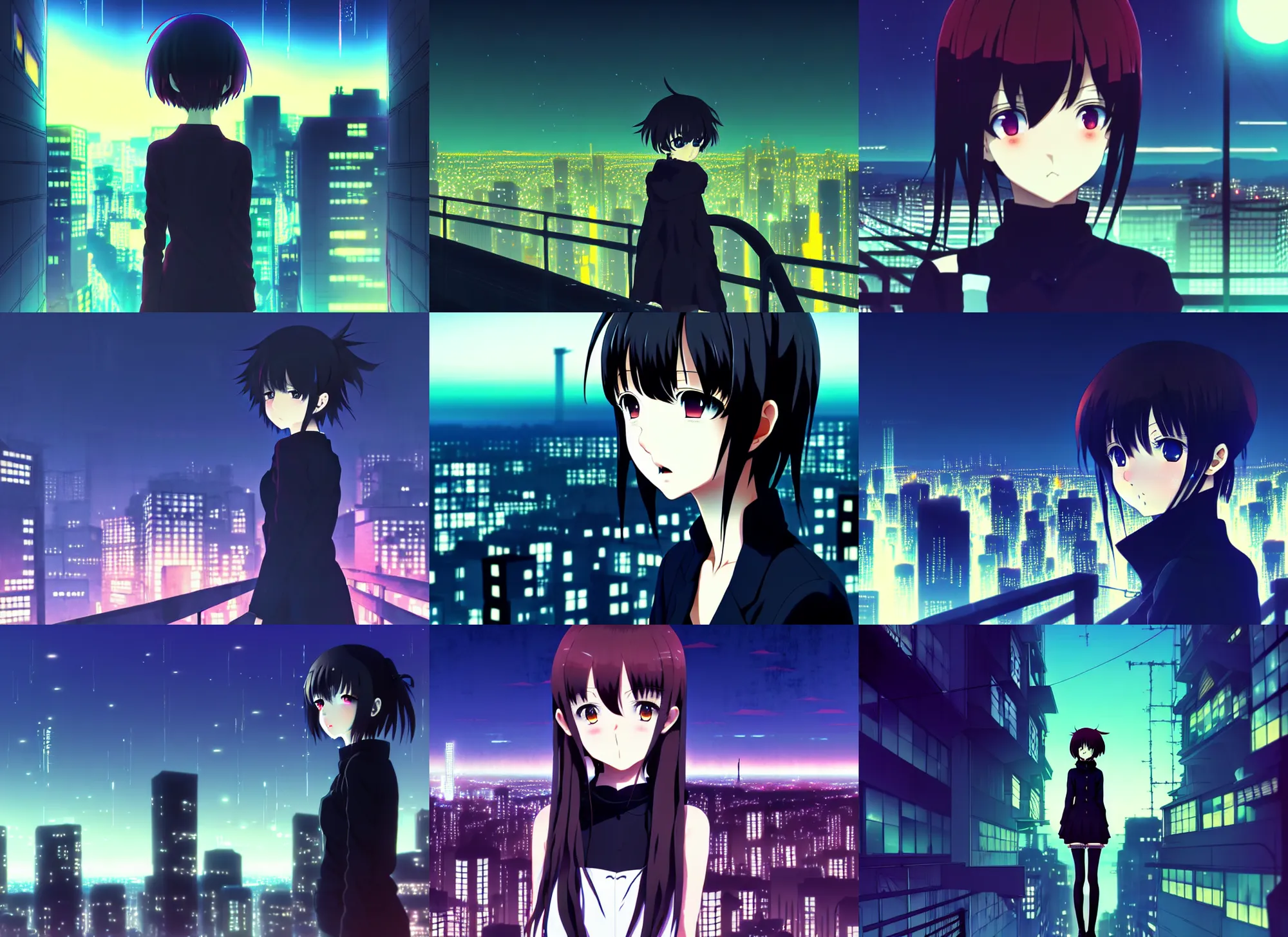 Prompt: anime frames, anime visual, dark portrait of a young female sightseeing above the city at night, guardrails, very low light, cute face by ilya kuvshinov and, psycho pass, kyoani, dynamic pose, dynamic perspective, strong silhouette, anime cels, rounded eyes, yoshinari yoh, dark tint