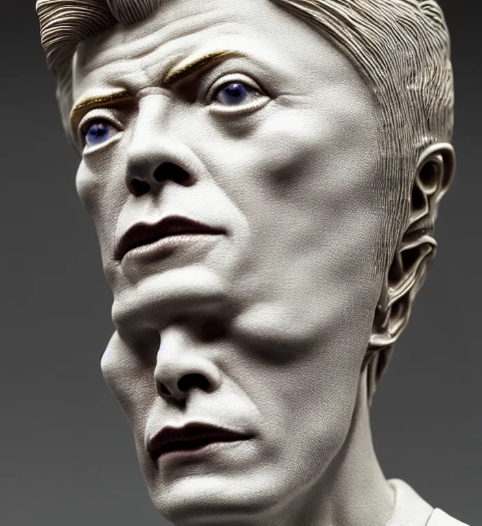 Image similar to David Bowie , A Close up photo-real delicate ceramic porcelain sculpture of a symmetrical ornate detailed in front of an intricate background by Victo Ngai and takato yamamoto, micro detail, backlit lighting, face in focus, subsurface scattering, translucent, thin porcelain, octane renderer, colorful, physically based rendering, japanese pottery, trending on cgsociety