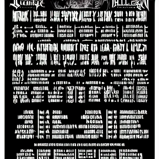 Prompt: black metal concert flyer, black metal logos, unreadable, 3 band lineup, local bar, d. i. y. venue