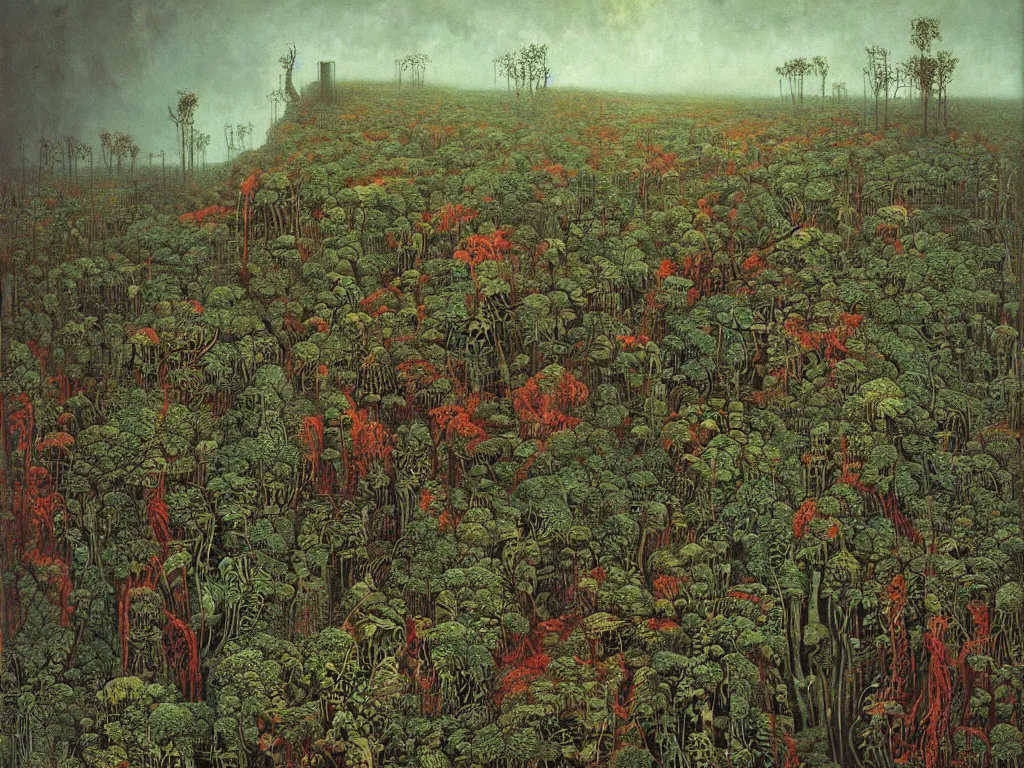 Prompt: Apocalypse with vegetation, leaves, creepers, ivy, ferns taking over the industrial metropolis, toxic, machinery, factory. Recursion. Thunderstorm, autumn light. Painting by Beksinski, Max Ernst