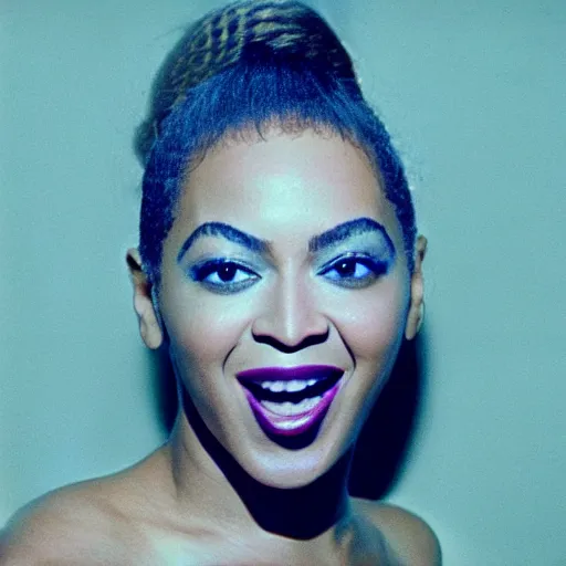 Prompt: Beyonce screaming into the void, blue themed, film footage from 1964, shot on kodak gold