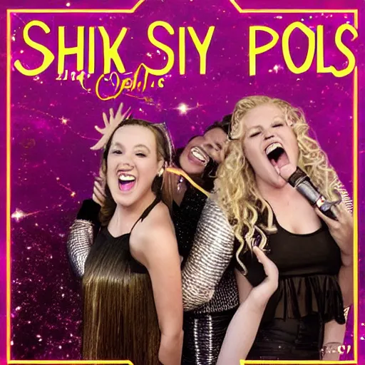 Image similar to album cover of a pop rock music group named'shiny souls'with two woman singers with blonde hair and one woman singer with brown curly hair singing in front of the crowd, very energetic, aerial view, digital art