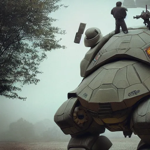 Image similar to giant oversized chubby battle armored turtle robot mech, with a big turtle shell, Cinematic focus, Polaroid photo, vintage, neutral colors, soft lights, foggy, panorama by Steve Hanks, by Serov Valentin, by lisa yuskavage, by Andrei Tarkovsky