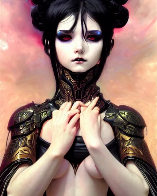 Image similar to portrait of beautiful cute young goth maiden girl with short white hairs in warhammer bikini armor, art by ( ( ( kuvshinov ilya ) ) ) and wayne barlowe and gustav klimt and artgerm and wlop