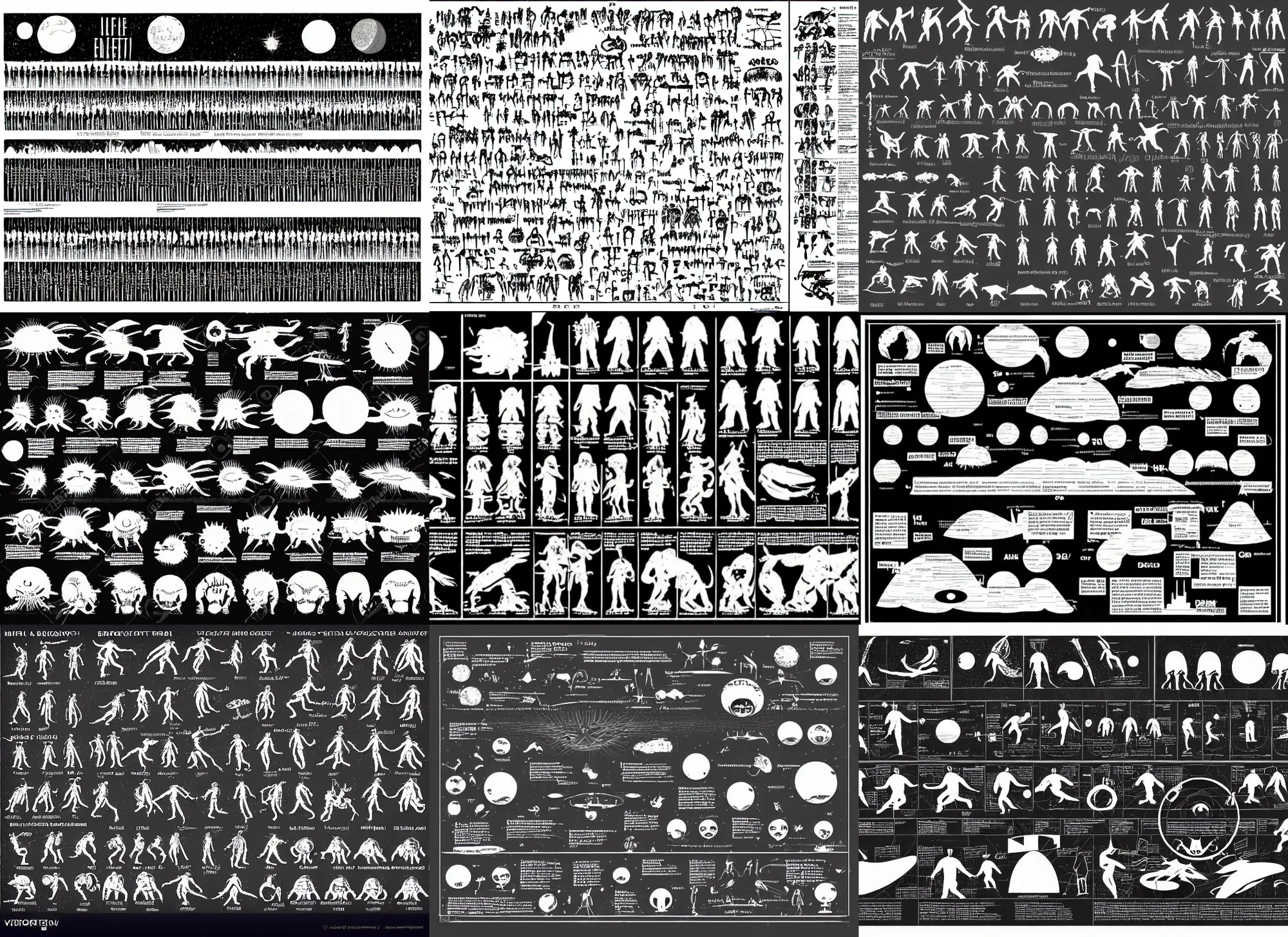 Prompt: alien explanatory chart to understand life on earth, informative guide, by bauhaus, goya, moebius sprite sheet, b & w, vector