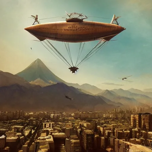 Image similar to a final fantasy airship over santiago of chile, by wes anderson and greg rutkowski