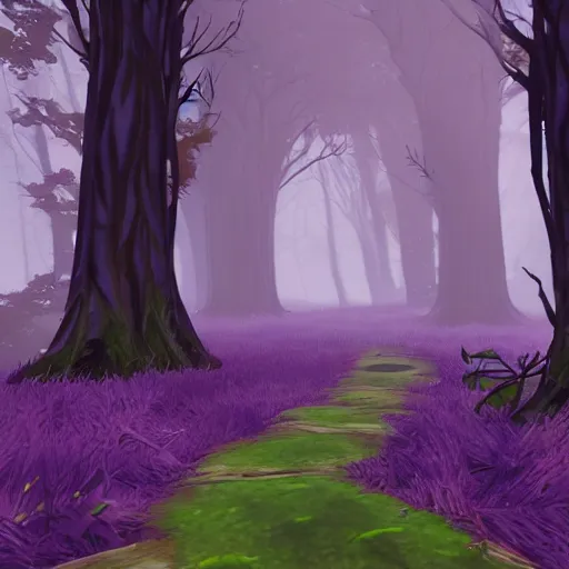 Prompt: warrior cats forest location, path, dark, purple a bit, unreal engine