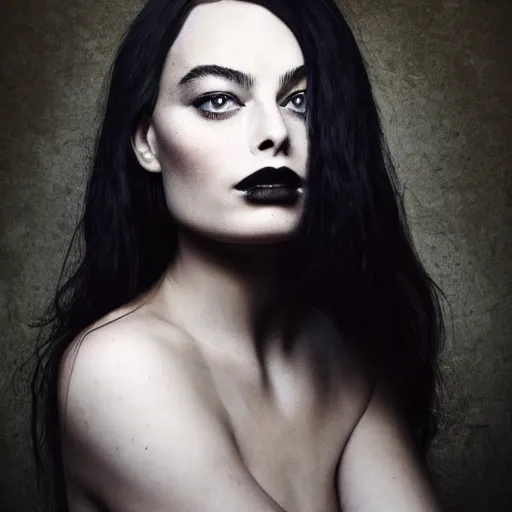 Prompt: a masterpiece portrait photo of a beautiful young woman who looks like a goth margot robbie, symmetrical face