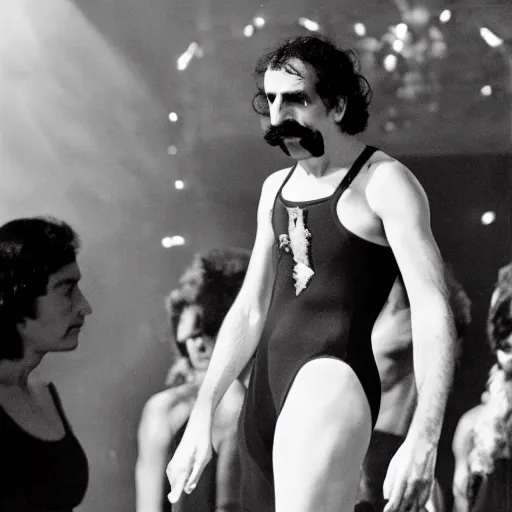 Image similar to Frank Zappa in a leotard and a crown performs the role of Richard III in award-winning modern dress production of Richard III in front of a live audience, action shot