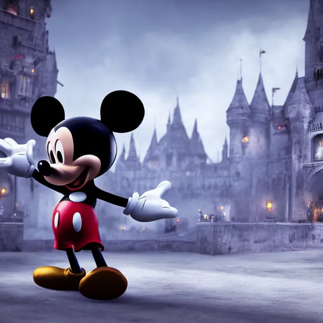 Image similar to ultra realistic mickey mouse wearing heavy armour and machine guns, dark cinematic, volumetric, realistic, 3 d render, realistic render, cinematic lighting, volumetric lighting, atmospheric, cinematic, unreal engine 5, unreal engine render, octane render, hd, photorealism, hyper realistic, photo, 8 k
