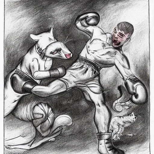 Image similar to cats fighting dogs and rats in a boxing match, detailed drawing, masterpiece