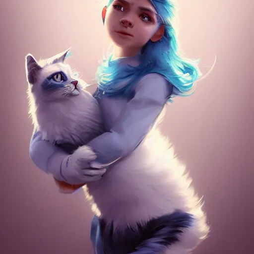 Prompt: a cute caucasian girl with blue hair holding a grey and white cat, full body portrait by Cedric Peyravernay, highly detailed, excellent composition, cinematic concept art, dramatic lighting, trending on ArtStation