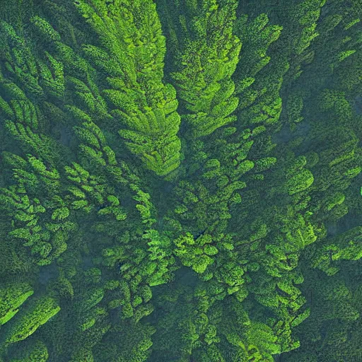 Image similar to a birds eye view of a digital painting of a thick forest by Michael Menzel