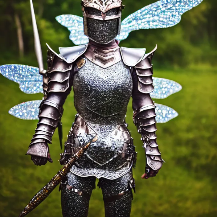 Image similar to full body photo of a fairy warrior wearing sparkly armour, highly detailed, 4 k, hdr, smooth, sharp focus, high resolution, award - winning photo