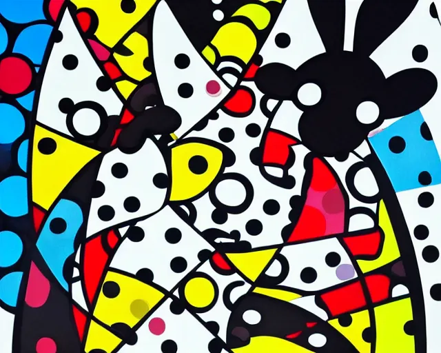 Image similar to a small black rabbit with white spots, fine art by romero britto