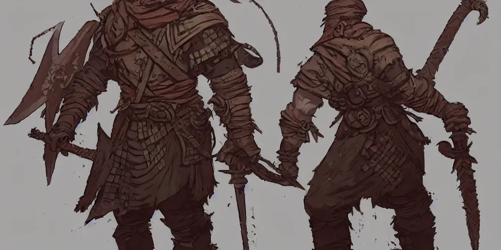Prompt: warrior character design, idle, colored, sword, sprite, darkest dungeon, pc game, sideview, art by moebius and greg rutkowski.