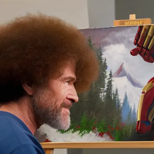 Image similar to a closeup photorealistic photograph of bob ross working on a canvas painting featuring iron man. film still. this 4 k hd image is trending on artstation, featured on behance, well - rendered, extra crisp, features intricate detail, epic composition and the style of unreal engine.