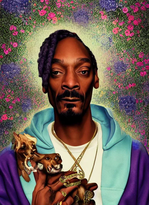 Image similar to snoop dogg is a disney princess, hyper detailed, digital art, trending in artstation, cinematic lighting, studio quality, smooth render, unreal engine 5 rendered, octane rendered, art style by klimt and nixeu and ian sprigger and wlop and krenz cushart.