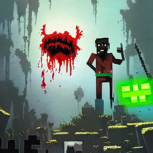 Image similar to painting by greg rutkowski of a minecraft drowned zombie with glowing cyan eyes, wearing ragged clothing and and algae growing on it, holding a trident, underwater