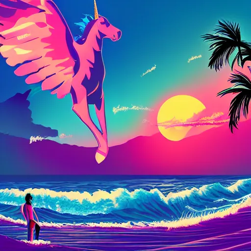 Prompt: a synthwave unicorn surfing in hawaii, digital art