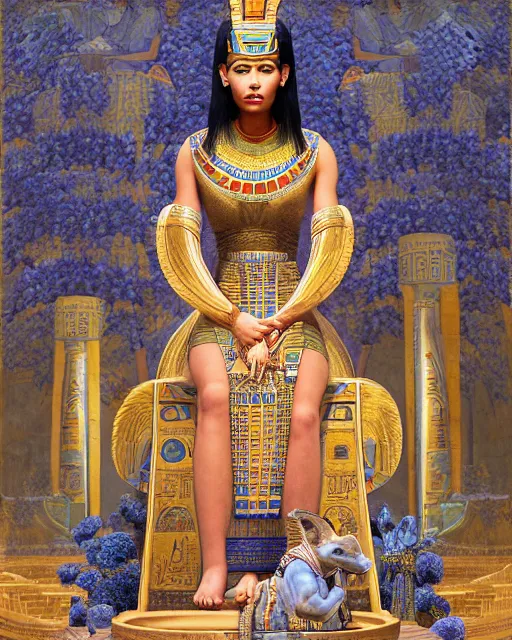 Prompt: portrait of a beautiful female ancient Egyptian goddess sitting on her throne, surrounded by blue lotus flowers. At her feet lies the god Anubis. fantasy, artstation, intricate, highly detailed, hyperrealism, beautiful symmetrical face, photorealistic, golden ratio, rendered in Octane, by James C. Christensen. by Carlos Shwabe