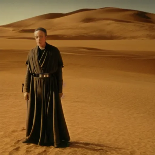 Image similar to film still of young alec guiness as a jedi in new star wars movie, dramatic lighting, highley detailled face, kodak film, wide angle shot, desert landscape