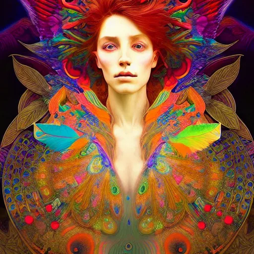 Image similar to An extremely psychedelic experience, reality bending, colorful, surreal, feathers, illuminated, magic mushrooms, psilocybin, LSD, face, detailed, intricate, elegant, highly detailed, digital painting, artstation, concept art, smooth, sharp focus, illustration, art by Krenz Cushart and Artem Demura and alphonse mucha