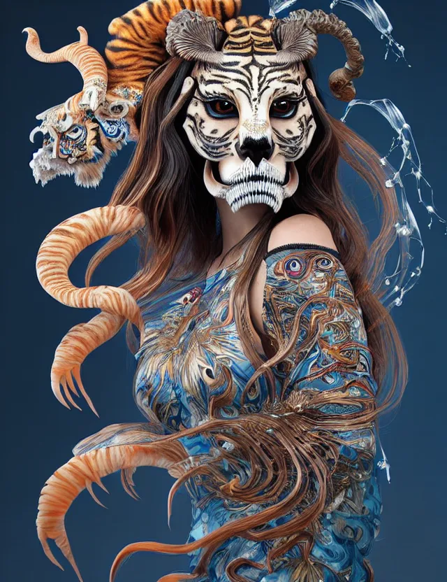 Image similar to 3 d goddess tiger skull half - turn portrait with long hair with ram skull. beautiful intricately detailed japanese crow kitsune mask and clasical japanese kimono. betta fish, jellyfish phoenix, bio luminescent, plasma, ice, water, wind, creature, artwork by tooth wu and wlop and beeple and greg rutkowski