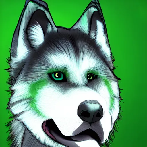 Image similar to furry anthro husky with scene - style hair, the hair has green highlights, style of milesdf, stylized, drawn