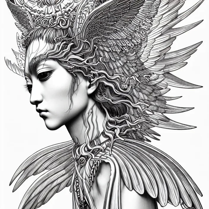 Prompt: stylized art of an psychedelic angelic celestial being by jung gi kim, trending on artstation, winged head, white gold skin, ayahuasca, sacred geometry, esoteric art