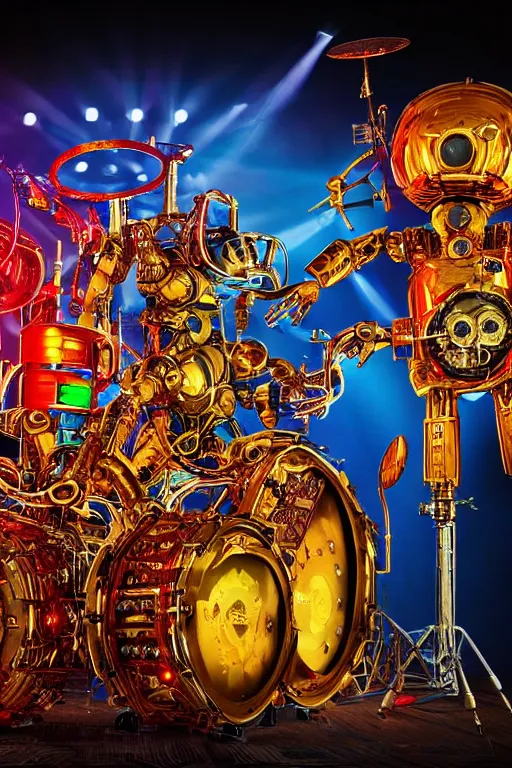 Image similar to portrait photo of a giant huge golden and blue metal humanoid steampunk robot drummer covered with multicolored big gears and tubes, a huge red drumset, eyes are glowing red lightbulbs, shiny crisp finish, 3 d render, 8 k, insaneley detailed, fluorescent colors, background is multicolored lasershow