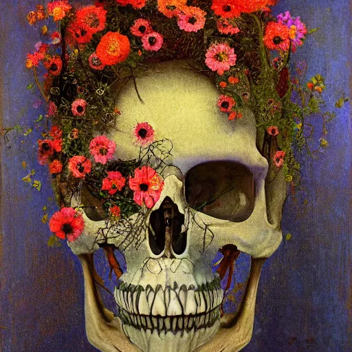 Prompt: 'Life from death' A beautiful detailed aesthetic horror portrait painting depicting 'A skeleton with vines and flowers growing all over it, birds and bees flying all around it' by Odilon Redon, Trending on cgsociety artstation, 8k, masterpiece, cinematic lighting.