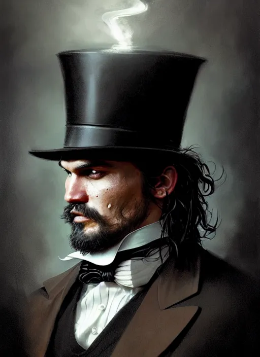 Image similar to portrait of jason mamoa wearing a top hat, victorian, concept art, detailed face, fantasy, close up face, highly detailed, cinematic lighting, digital art painting by greg rutkowski
