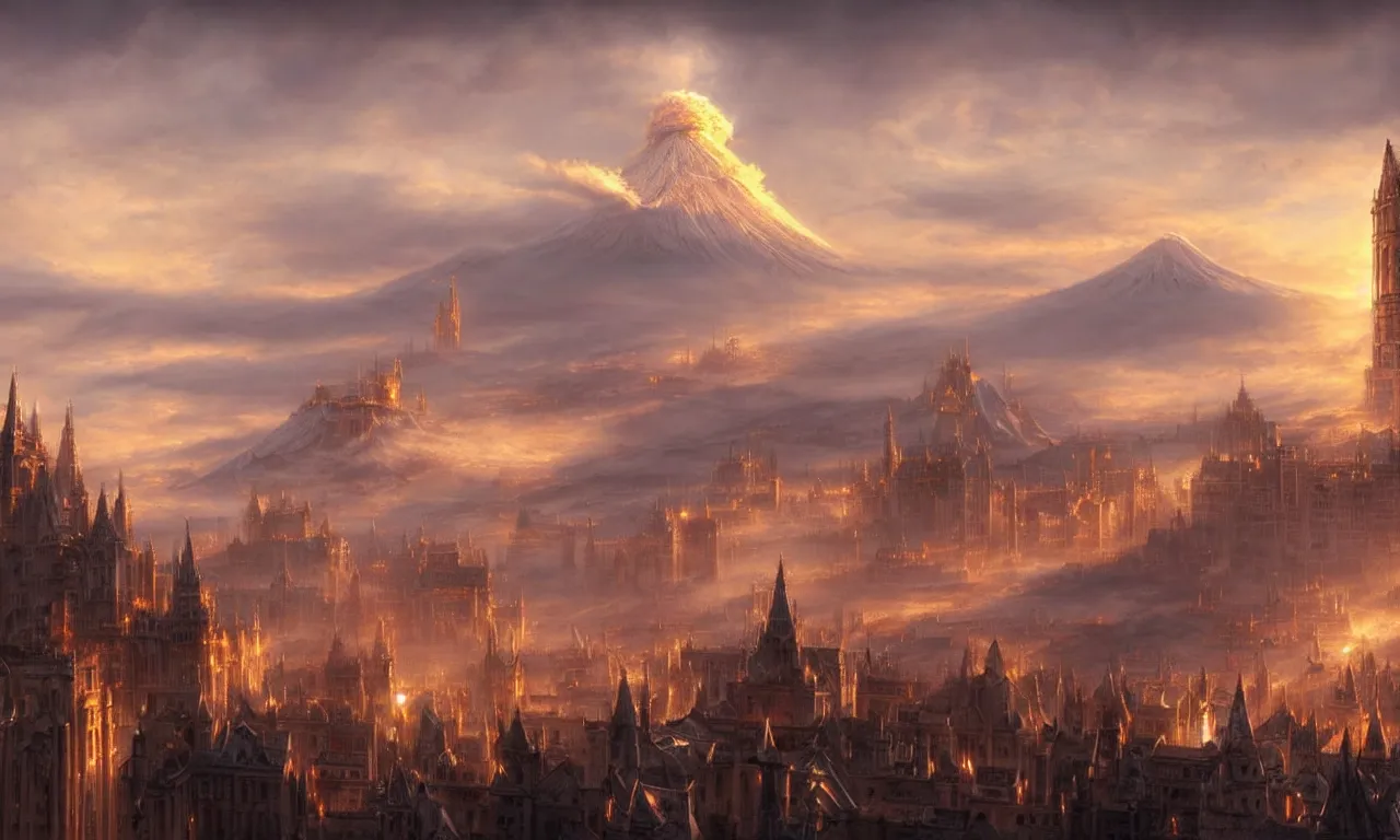 Image similar to beautiful gold fantasy city made from white stone and bright copper built on a volcano, gondor, misty, red sky, medieval city, metropolis, magic, gorgeous clouds, white marble, god rays, digital art, landscape, fantasy art, octane render, ureal engine, high detail, very realistic, by greg rutkowski. by james gurney