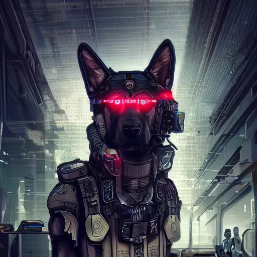 Image similar to cyberpunk humanoid german shepherd as the leader of a futuristic communist nation, cybernetics, sharp lines, digital, artstation, colored in